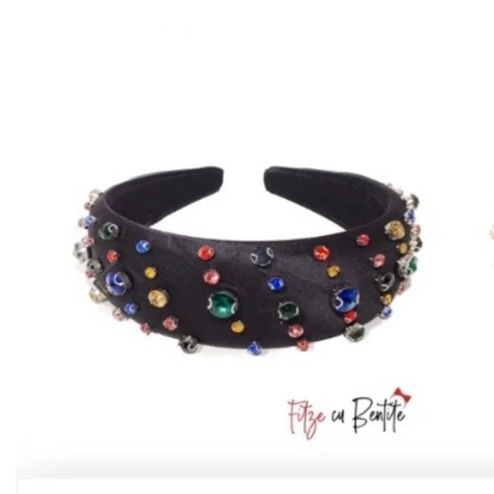 Fitze cu Bentite Black Satin Padded Headband Multicolor Rhinestone Jeweled Crown